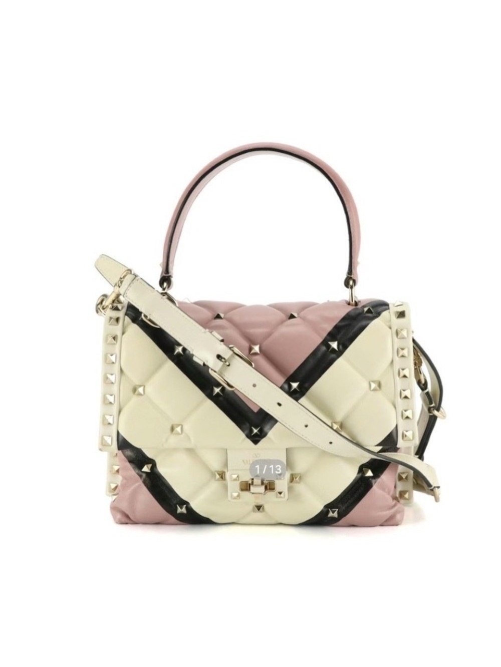 Valentino Garavani Pink, Cream & Black Quilted Rockstud Top Handle Satchel